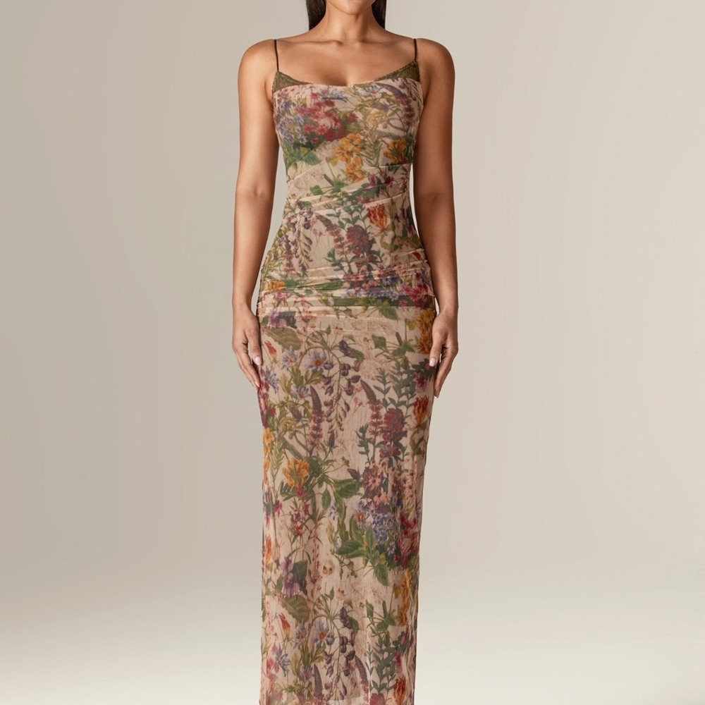 Evita Ruched Mesh Corset Maxi Dress (Garden Muse) Size L